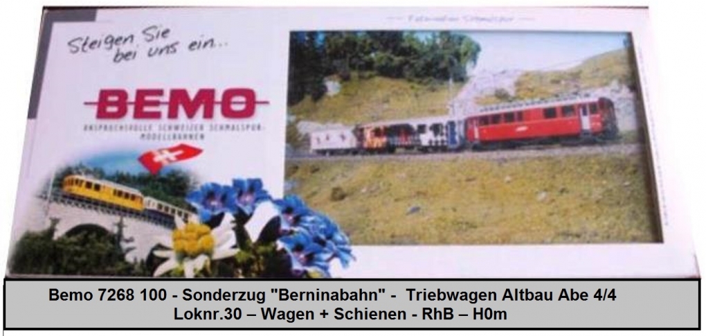 Bemo 7268 100 - Sonderzug Berninabahn - Triebwagen Altbau Abe 4/4 – Lok  nr.30 – Wagen + Schienen - RhB – H0m - Set Lok / Wagen / Schienen - RhB -  Schmalspur Bahn Werke EU